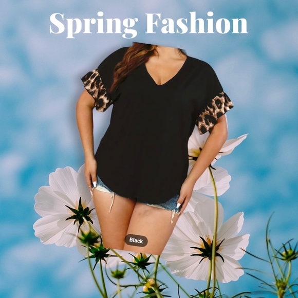 GORGEOUS!! Women's Plus Size Black Casual Top with Leopard Print Short Sleeves ✨ - Picture 5 of 11